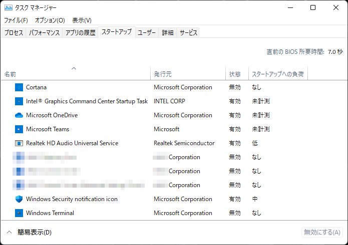 「タスクマネージャー」のタブ「スタートアップ」